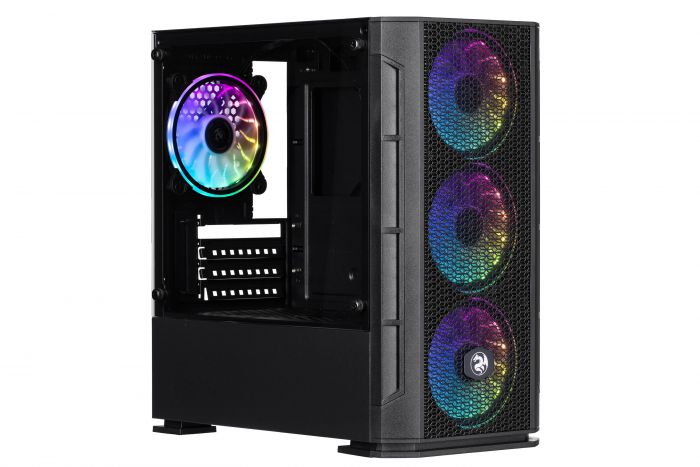 Корпус 2E GAMING CALLEO (GB700) MiniT, Micro ATX,Mini ITX, 2xUSB2.0, 1xUSB3.0, 4x120мм ARGB, скло (бічна панель), без БЖ, чорний