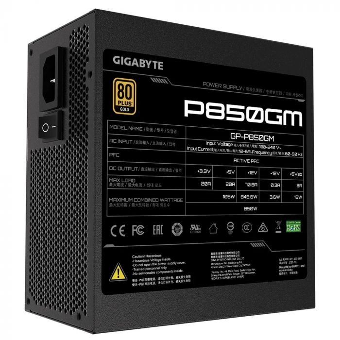 Блок живлення GIGABYTE P850G (850W) 80+GOLD, aPFC, 12см,20+4/2*4+4/8*SATA/4*PCIe/4,модульний