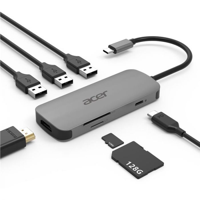 Док-станція Acer 7in1 Type C dongle: 1 x HDMI, 3 x USB3.2, 1 x SD/TF, 1 x PD