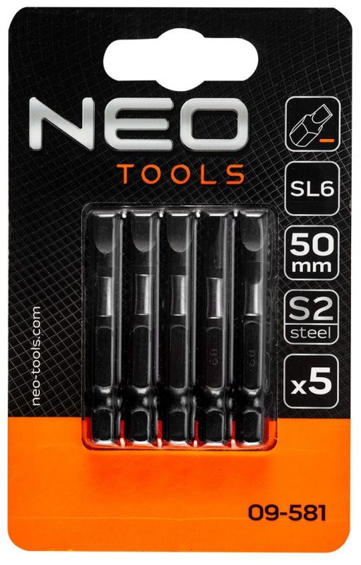 Біти ударні Neo Tools, 5шт., 1/4", SL6 х 50мм, сталь S2