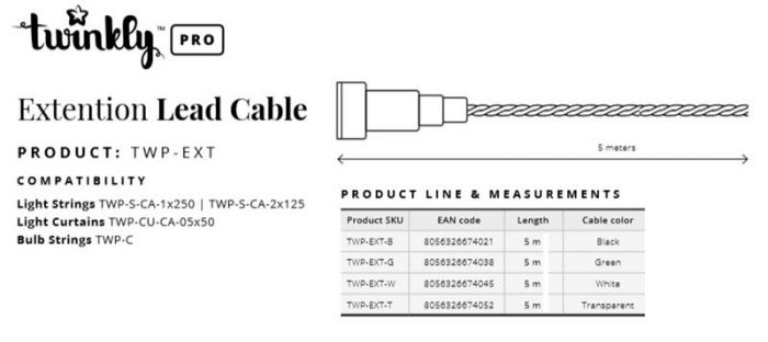 Подовжувач кабелю Twinkly Pro AWG22 PVC кабель, 5м, чорний