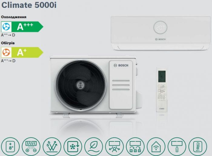 Кондиціонер Bosch CL5000i RAC 2,6, 9500 BTU, інвертор, 25 м2, A+++/A+, R32, Wi-Fi ready, білий