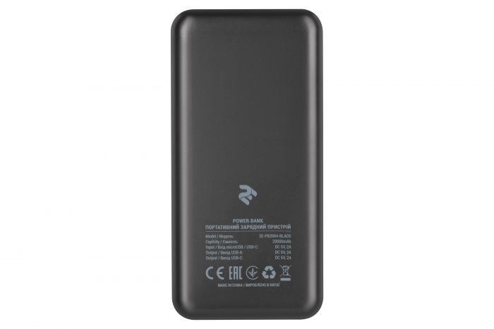 Портативний зарядний пристрій Power Bank 2E 20000mAh, DC 5V, 2.1A, Type-C, MicroUSB, USB-А, black