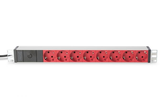 Блок розеток DIGITUS 1U, 8xSchuko red, 10A, 250V, запобіжник, вилка C14