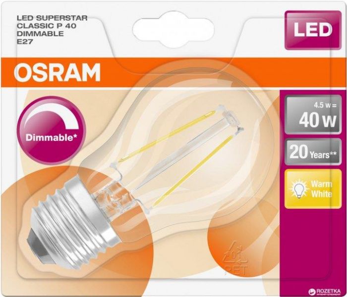 Лампа світлодіодна Osram LED P40 5W (470Lm) 2700K E27  філамент дімміруємая