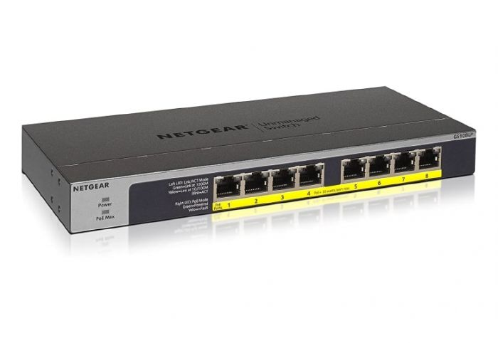 Комутатор NETGEAR GS108LP 8xGE PoE+ (60Вт), FlexPoE, некерований