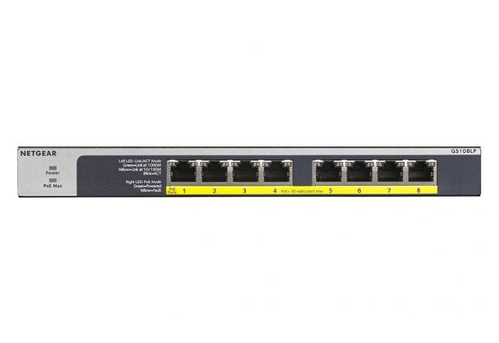 Комутатор NETGEAR GS108LP 8xGE PoE+ (60Вт), FlexPoE, некерований