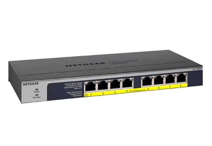 Комутатор NETGEAR GS108PP 8xGE PoE+ (123Вт), FlexPoE, некерований