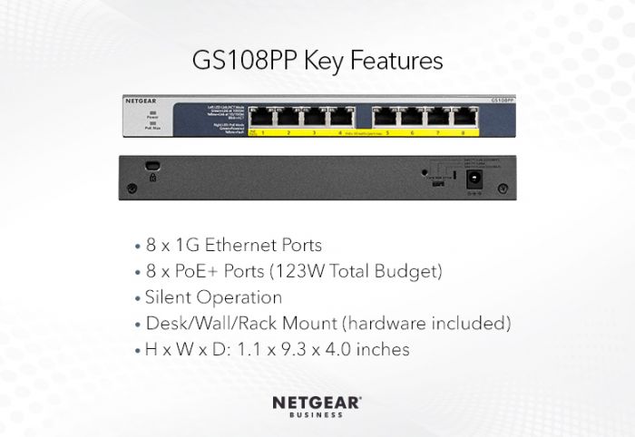 Комутатор NETGEAR GS108PP 8xGE PoE+ (123Вт), FlexPoE, некерований