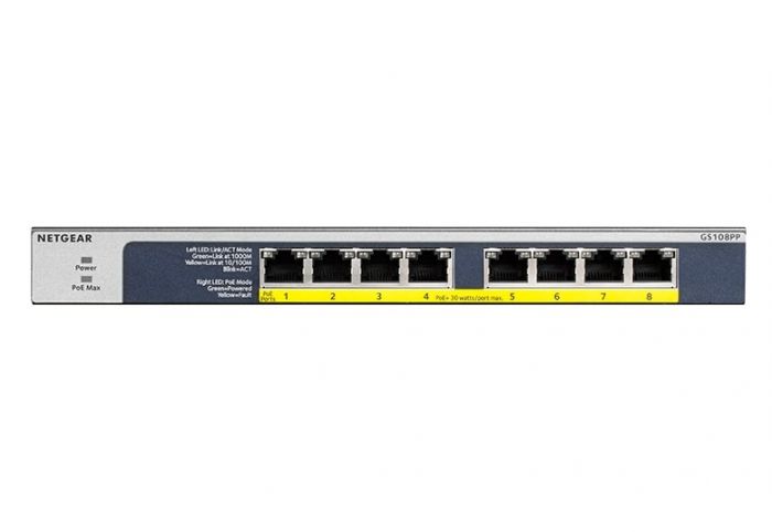 Комутатор NETGEAR GS108PP 8xGE PoE+ (123Вт), FlexPoE, некерований