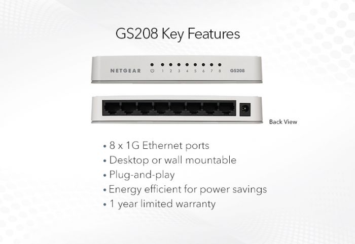 Комутатор NETGEAR GS208 8xGE, некерований