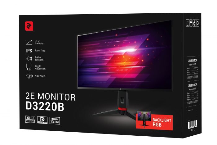 Монiтор LCD 31.5" 2E D3220B D-Sub, DVI, HDMI, DP, MM, IPS, 2560x1440, FreeSync, HAS