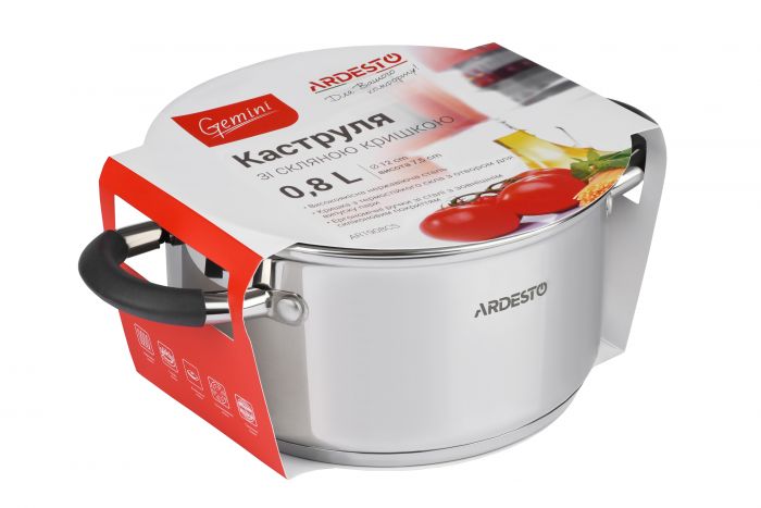 Каструля Ardesto Gemini Salerno, скляна кришка, 0.8 л, сірі ручки з силіконом, нержавіюча сталь