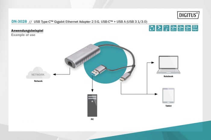 Адаптер DIGITUS USB-C/USB 3.0 - 2.5 Gbps Ethernet