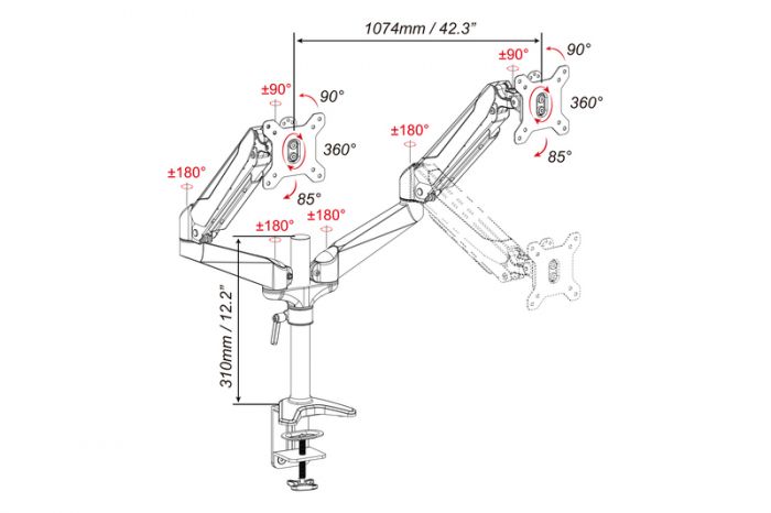 Кріплення DIGITUS Dual Monitor Clamp gas spring, 15-32", з нахилом, поворотом