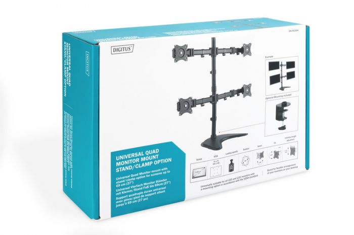 Кріплення DIGITUS Quad Monitor Stand/Clamp, 15-27", з нахилом, поворотом