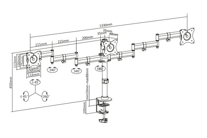 Кріплення DIGITUS Triple Monitor Clamp, 15-27", з нахилом, поворотом