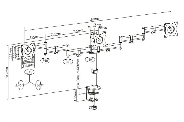 Кріплення DIGITUS Triple Monitor Clamp, 15-27", з нахилом, поворотом