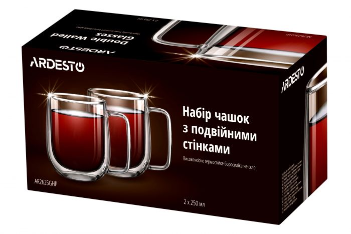 Набір чашок з ручками Ardesto з подвійними стінками, 250 мл, H 9,5 см, 2 од., боросилікатне скло