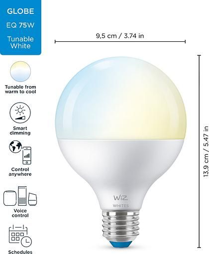 Лампа розумна WiZ, E27, 11W, 75W, 1055Lm, G95, 2700-6500K, Wi-Fi