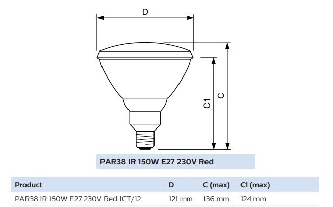 Інфрачервоні лампи для охорони здоров'я Philips PAR38 IR 150W E27 230V Red 1CT / 12
