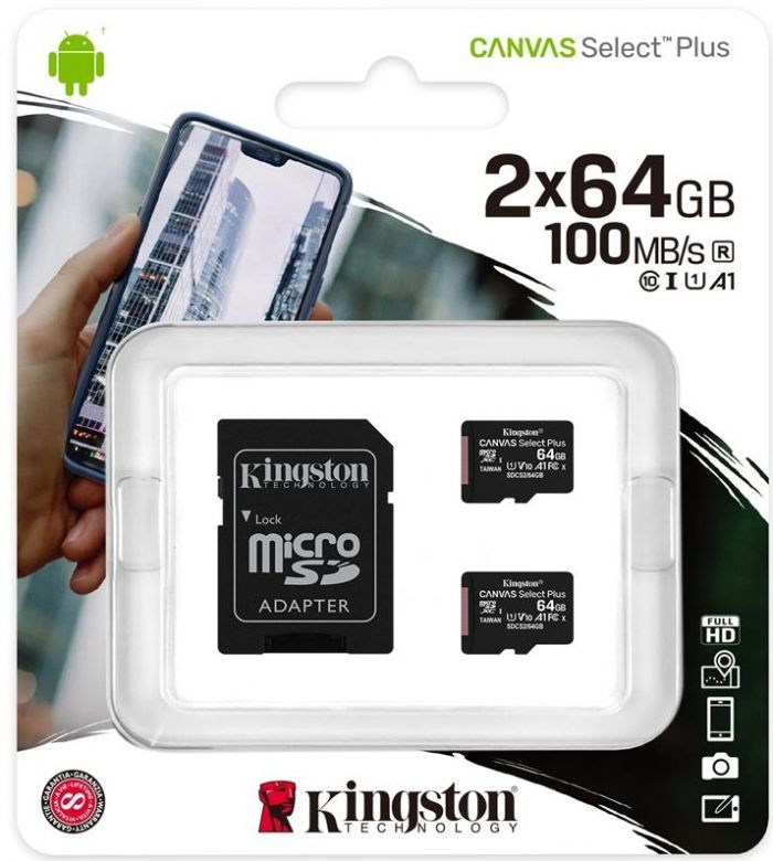 Карта пам'яті Kingston 64GBx2 microSDXC C10 UHS-I R100MB/s Canvas Select Plus + SD