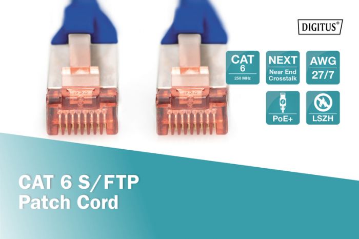 Патч-корд DIGITUS CAT 6 S-FTP, 10м, AWG 27/7, LSZH, синій