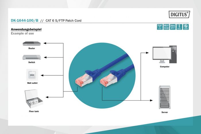 Патч-корд DIGITUS CAT 6 S-FTP, 10м, AWG 27/7, LSZH, синій