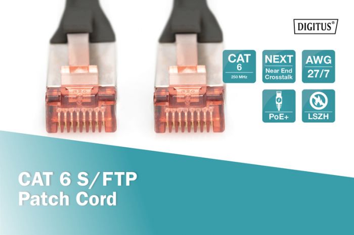 Патч-корд DIGITUS CAT 6 S-FTP, 10м, AWG 27/7, LSZH, чорний