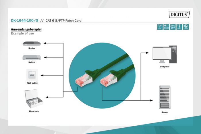 Патч-корд DIGITUS CAT 6 S-FTP, 10м, AWG 27/7, LSZH, зелений