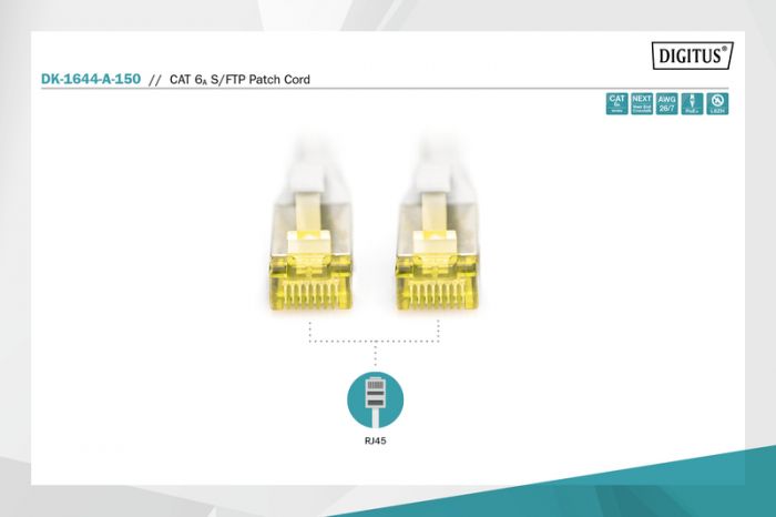 Патч-корд DIGITUS CAT 6a S-FTP, 15м, AWG 26/7 сірого кольору