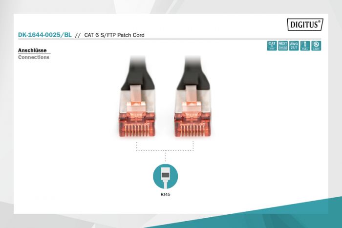 Патч-корд DIGITUS CAT 6 S-FTP, 0.25м, AWG 27/7, LSZH, чорний