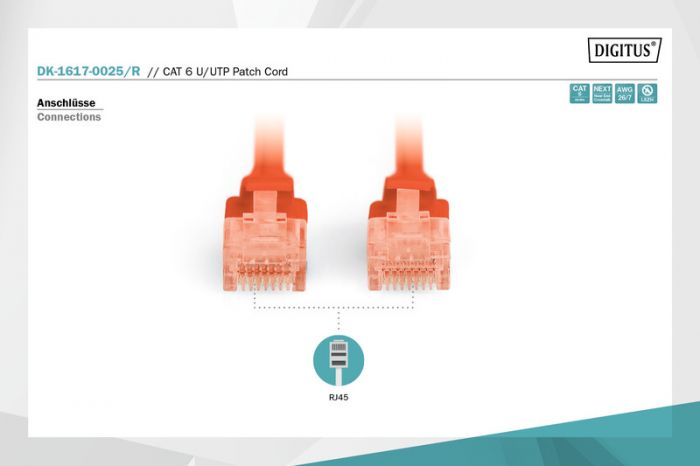 Патч-корд DIGITUS CAT 6 UTP, 0.25м, AWG 26/7, Cu, LSZH, червоний