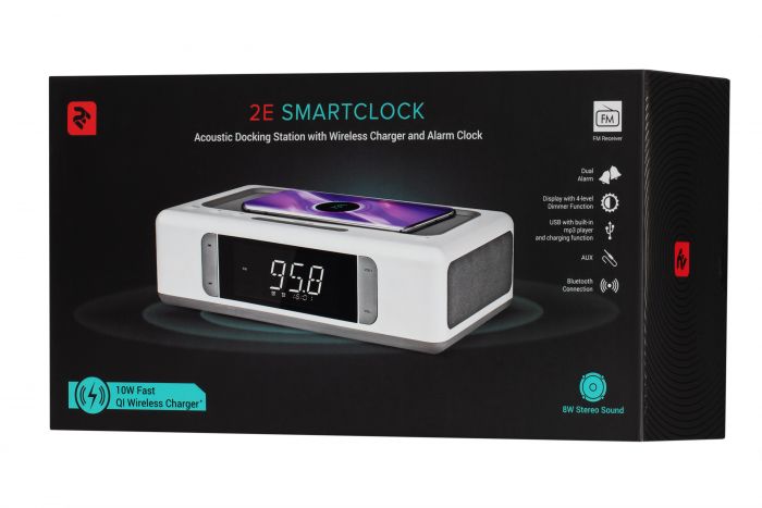 Акустична док-станція 2E SmartClock Wireless Charging, Alarm Clock, Bluetooth, FM, USB, AUX White