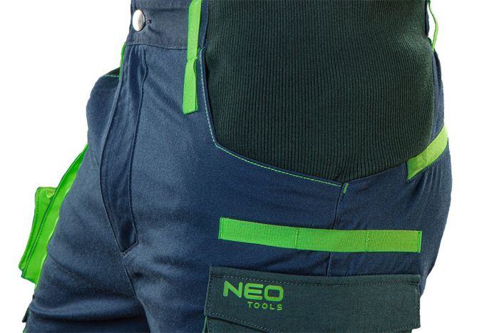Штани робочі NEO Premium, розмір XL (54), 270 г/м2, еластан з посиленою тканиною Cordura, світлоповертаючі елементи, профільовані коліна з відсіком для наколінників, еластична конструкція пояса, міцні кишені, сині