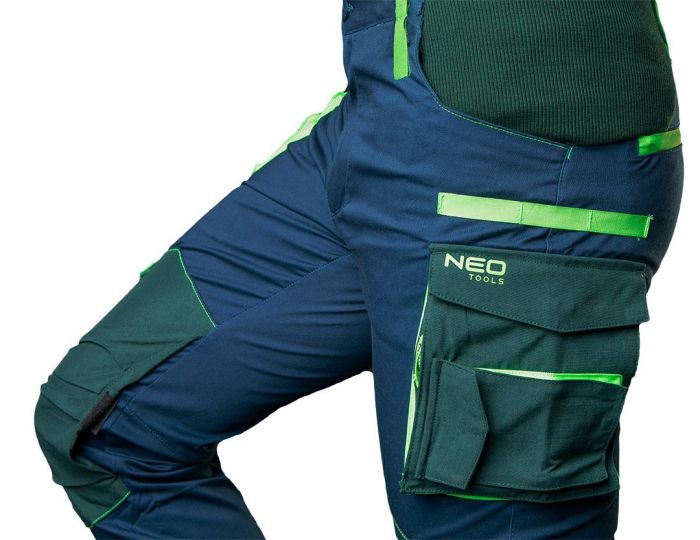 Штани робочі NEO Premium, розмір XXXL (58), 270 г/м2, еластан з посиленою тканиною Cordura, світлоповертаючі елементи, профільовані коліна з відсіком для наколінників, еластична конструкція пояса, міцні кишені, сині