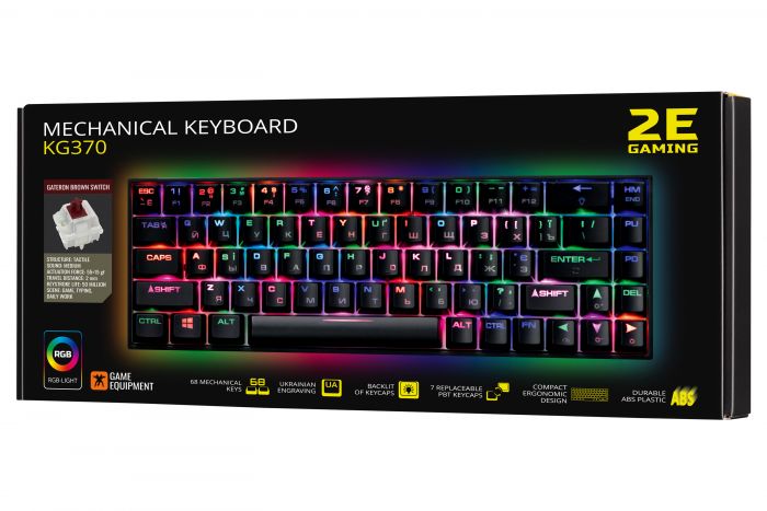 Клавіатура 2E GAMING KG370 RGB 68key Gateron Brown Switch USB Black UKR