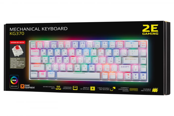 Клавіатура 2E GAMING KG370 RGB 68key Gateron Red Switch USB White UKR