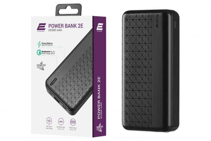 Портативний зарядний пристрій Power Bank 2E Geometry, 20000mAh, PD+QC 3.0 18W, black