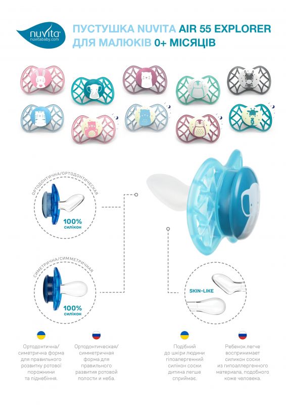 Пустушка Nuvita NV7066 Air55 Explorer ортодонтична 0m+, світиться у темряві (ведмідь, жираф) 2шт