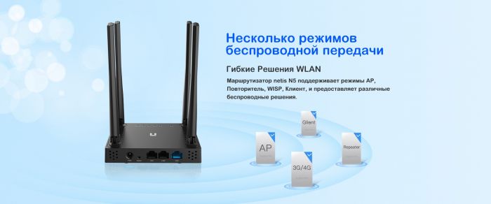 Маршрутизатор Netis N5 AC1200, 2xGE LAN, 1xGE WAN, 1xUSB 2.0 3G/4G, 4x зовнішн. ант.