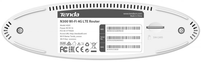 Маршрутизатор TENDA 4G03 N300, 4G/LTE, 1xFE LAN, 1xFE LAN/WAN, Cлот для SIM-карти