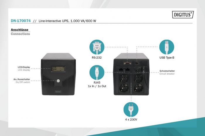 ДБЖ DIGITUS Line-Interactive, 1000VA/600W, LCD, 4xSchuko, RJ45, RS232, USB