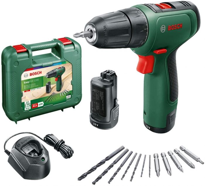 Шуруповерт-дриль Bosch EasyDrill 1200, 12В, 2х1.5Ач, 30Нм, набір свердл і біт, 0.94кг, кейс