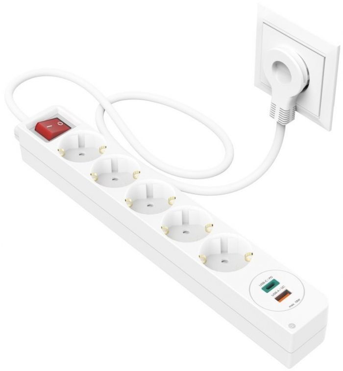 Мережевий подовжувач HAMA 5XSchuko 3G*1.5мм 1.4м USB-C/A, PD/QC White