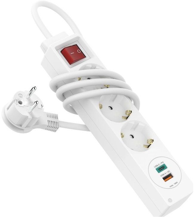 Мережевий подовжувач HAMA 3XSchuko 3G*1.5мм 1.4м USB-C/A, PD/QC White