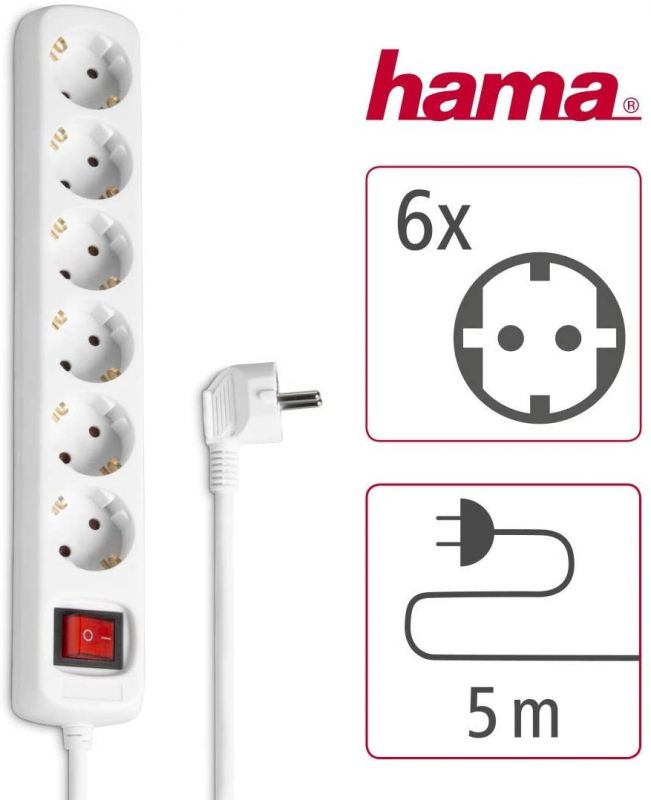 Мережевий подовжувач HAMA 6XSchuko 3G*1.5мм 5м White