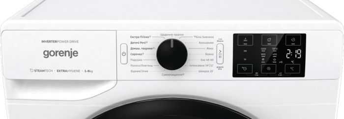 Пральна машина з фронт. загр. Gorenje WNEI82SDS, інверторна, 8кг, 1200, A+++, Пара, глибина 46.5см, Дисплей, Білий