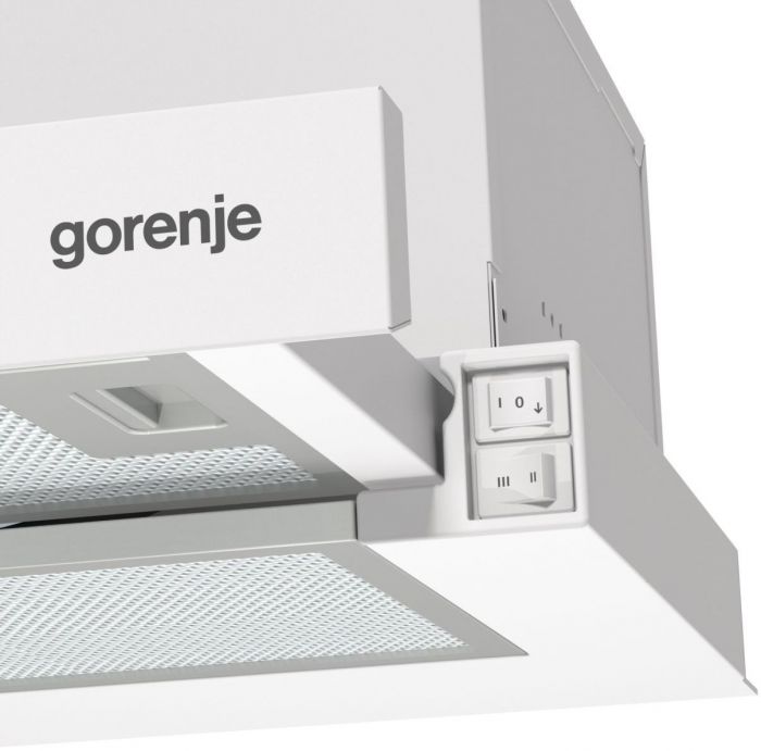 Вбудов.телескопічна витяжка Gorenje TH60E3W/ 60 см./3 швидк/350 м?/год./ алюм.фільтр/механіч упр (кнопочне)/LED/білий