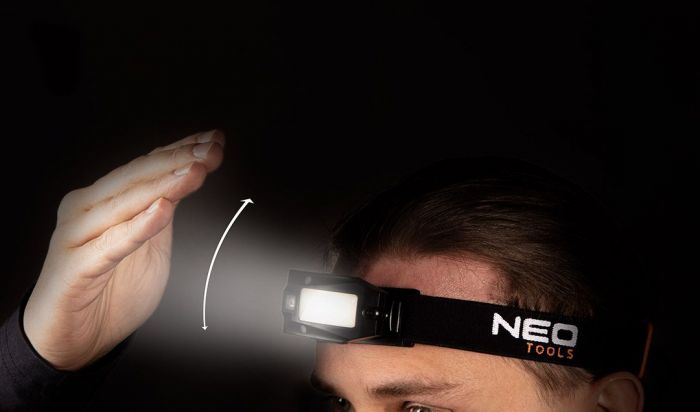 Ліхтар налобний NEO, 180 люмен, 3Вт, USB, 500 мАг, COB LED, червоне світло, датчик руху, рухома конструкція на 360°, 50 г, IPX4